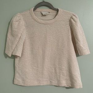 Club Monaco Womens Top Short Puff Sleeve Crew Neck Ribbed Boxy Fit Beige Medium